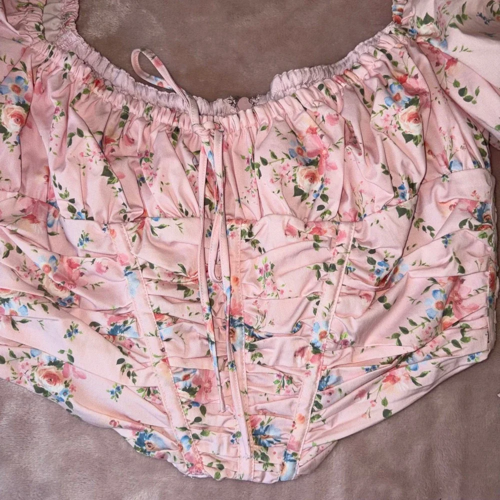House of CB Gracie Pink Floral Corset Top Puff Sleeve Ruched Bust Size L